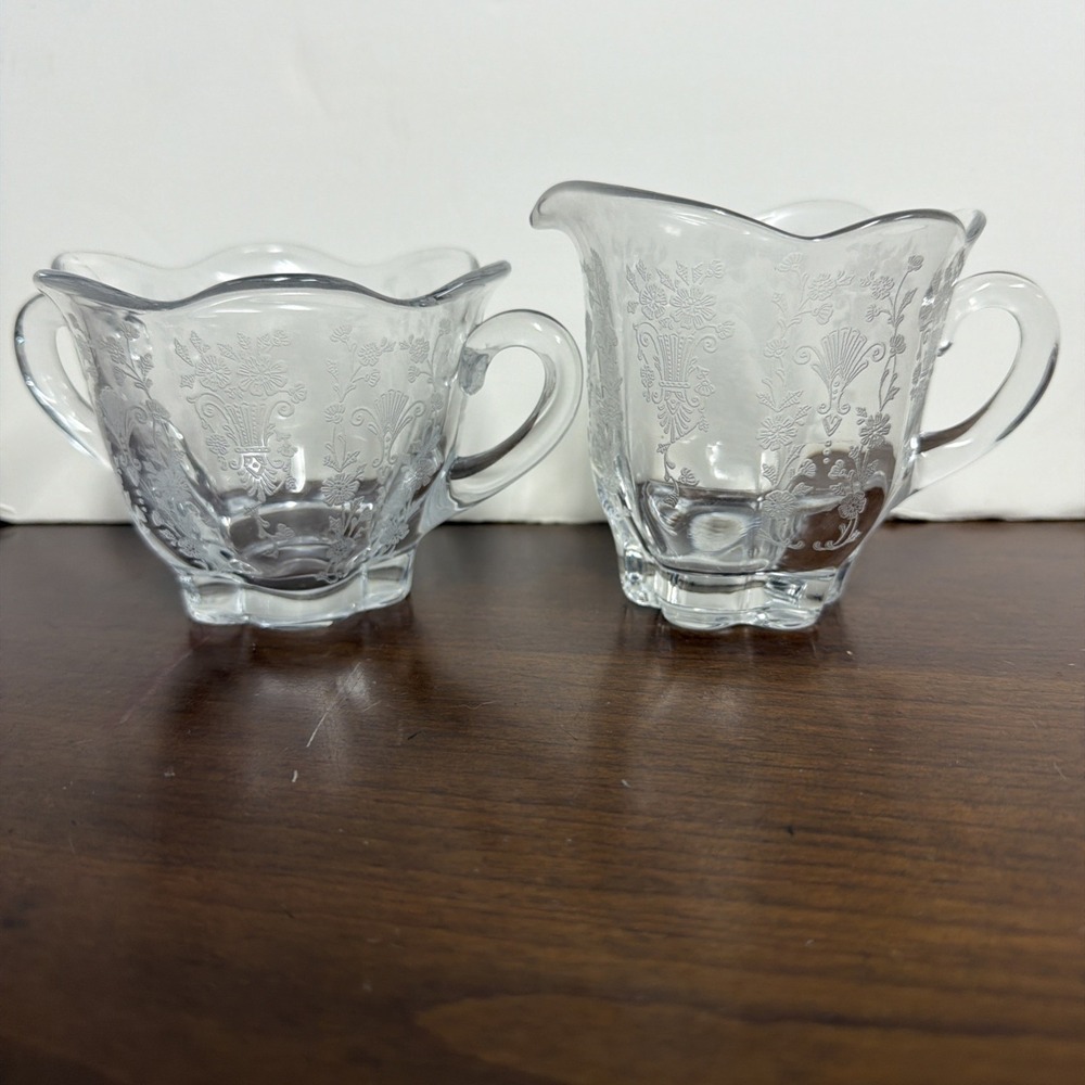 Duncan & Miller Canterbury Line‎ Etched Glass Cream and Sugar Bowl Floral Design